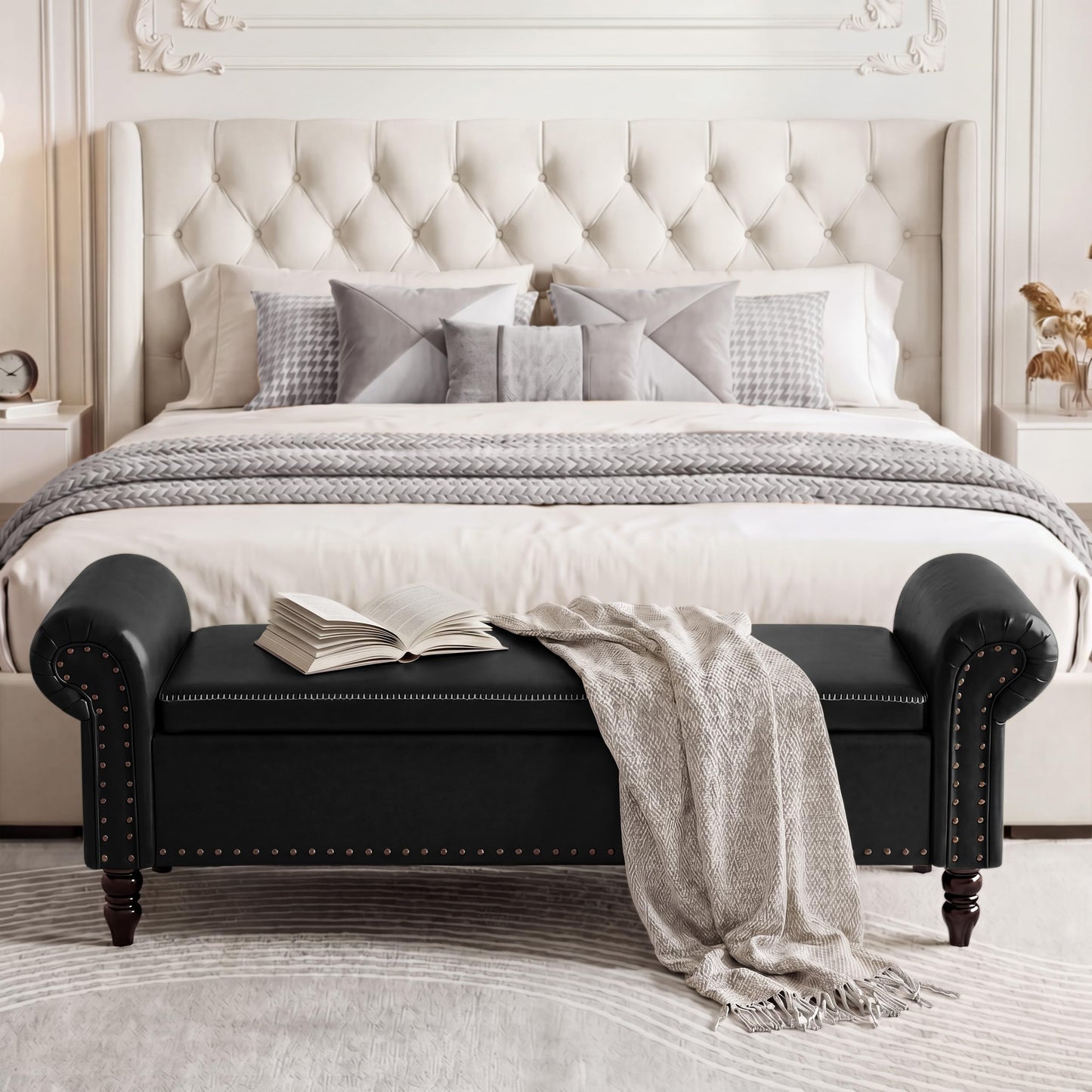 FiveWillowise 65 Inch Faux Leather Bedroom Bench with Storage