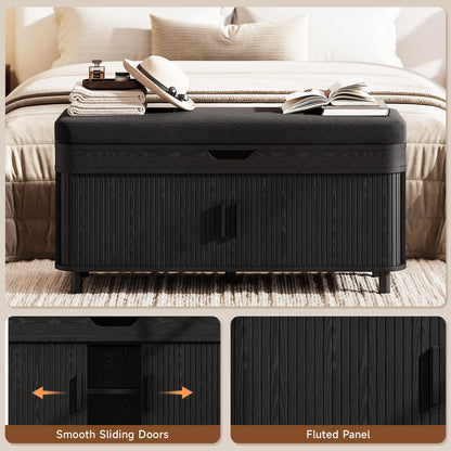 Fluted Shoe Storage Bench with Cushion and Adjustable Shelves for Entryway