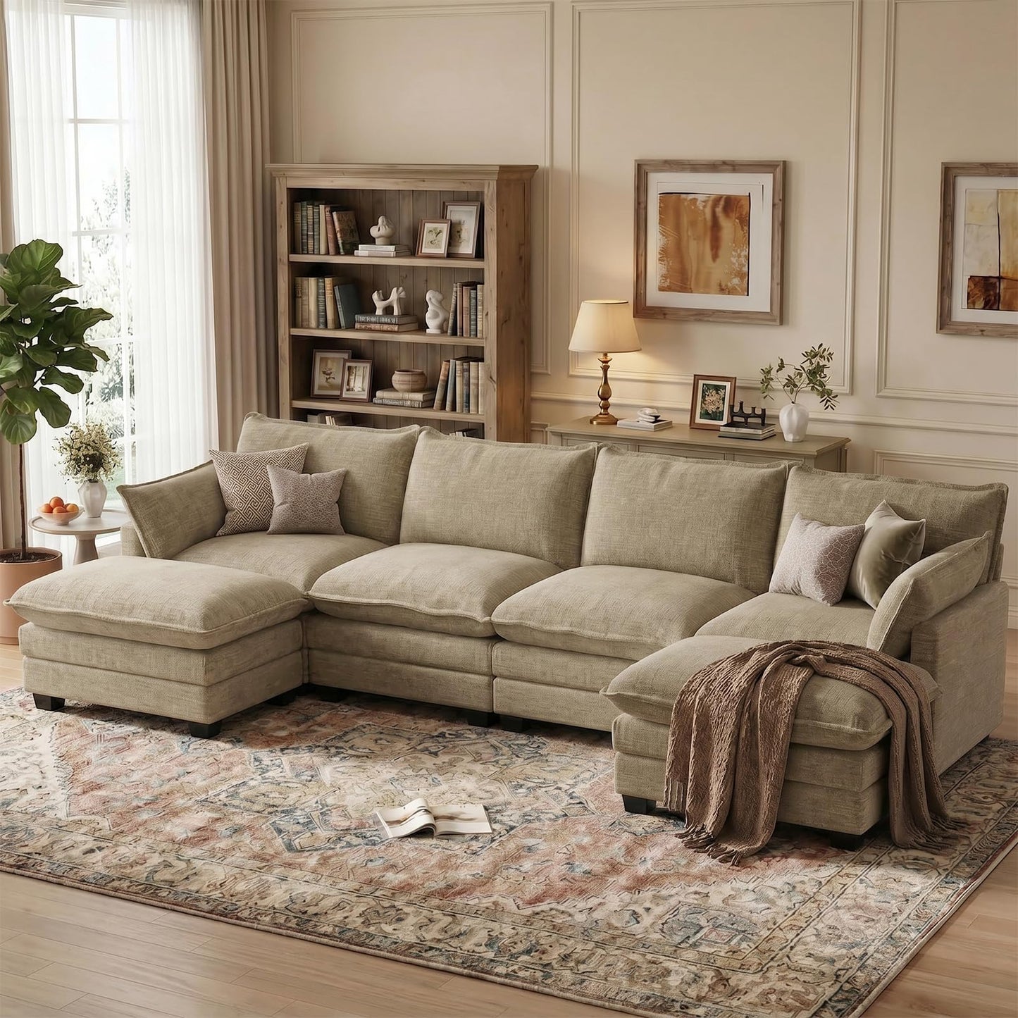 U Shaped Modular Sectional Sofa with Movable Ottoman & Pillows
