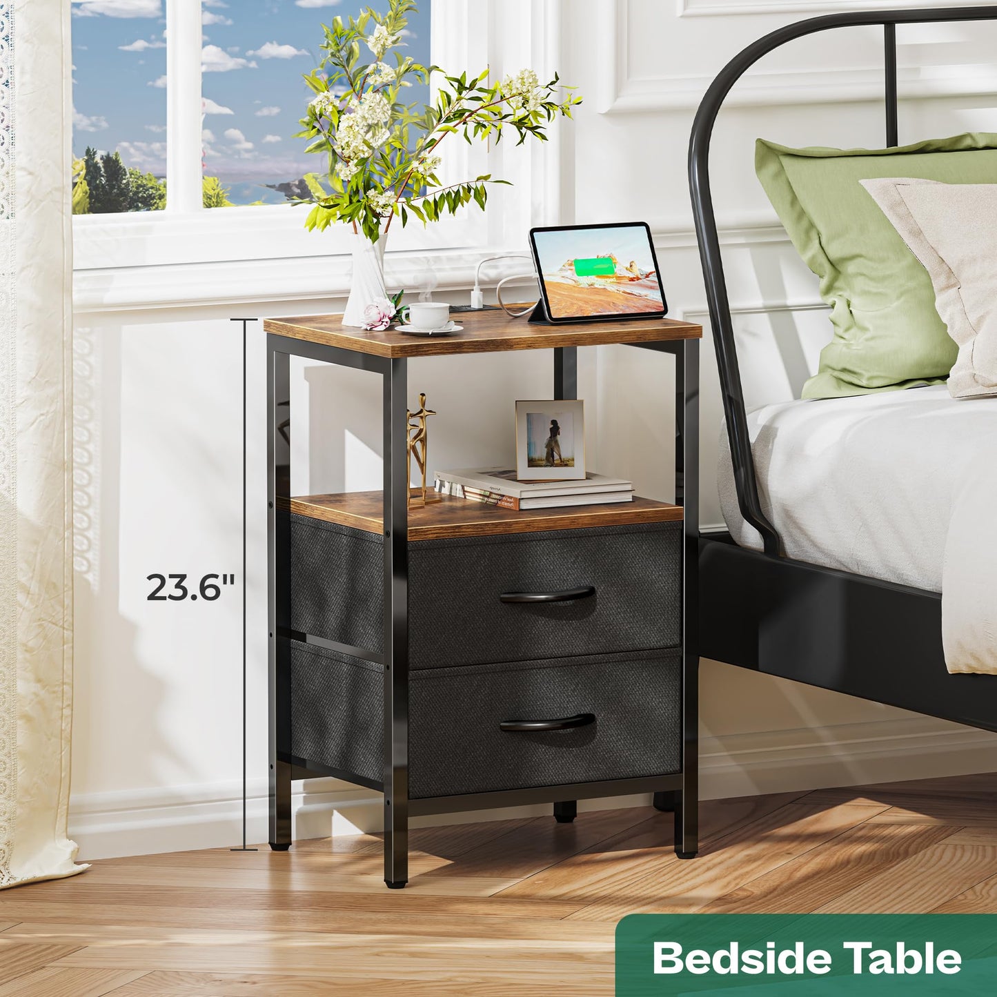 Nightstand Set with Charging Station, USB Ports & Fabric Drawers