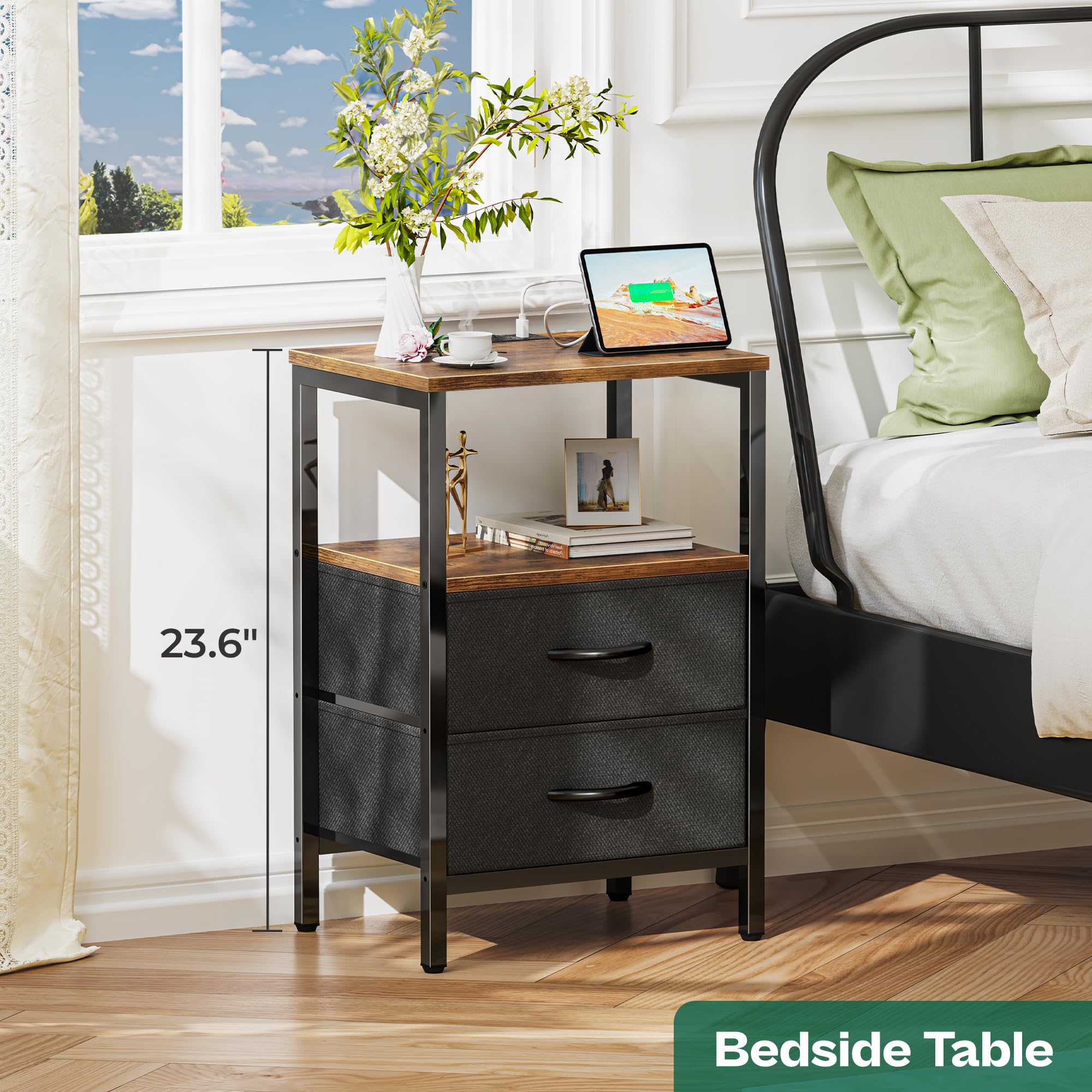 Nightstand Set with Charging Station, USB Ports & Fabric Drawers
