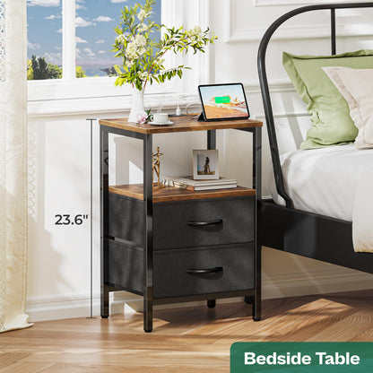 Nightstand Set with Charging Station, USB Ports & Fabric Drawers