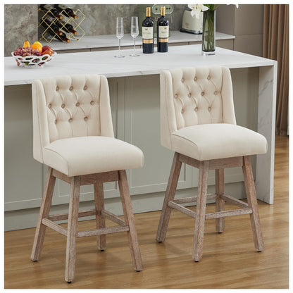 Modern Linen Upholstered Counter Height Bar Stools with Swivel & Wood Legs