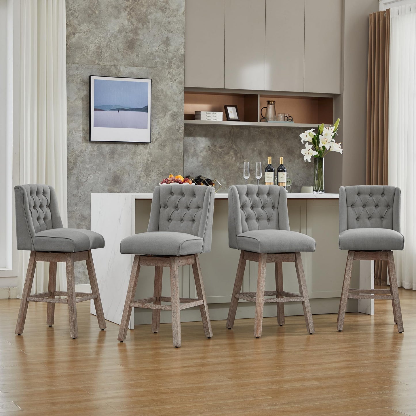 Modern Linen Upholstered Counter Height Bar Stools with Swivel & Wood Legs