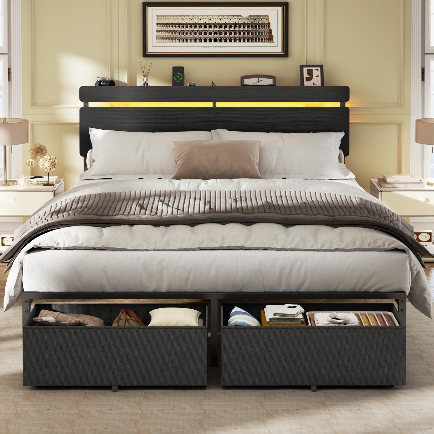 Forestell Bed Frame with Headboard, Platform Bed with 4 Storage Drawers