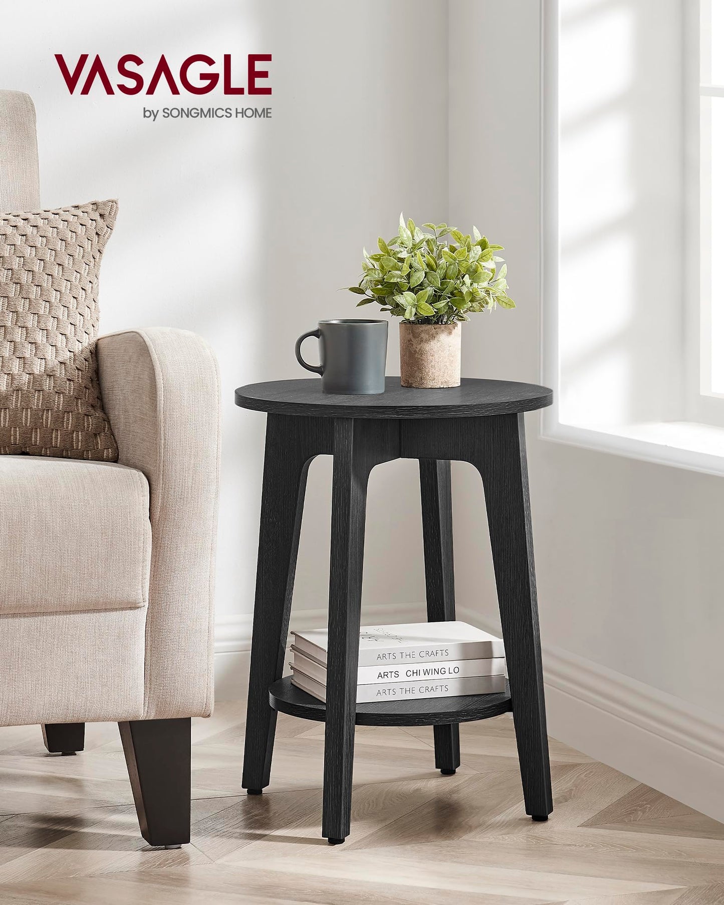 2-Tier Round Side Table with Tapered Legs for Small Spaces