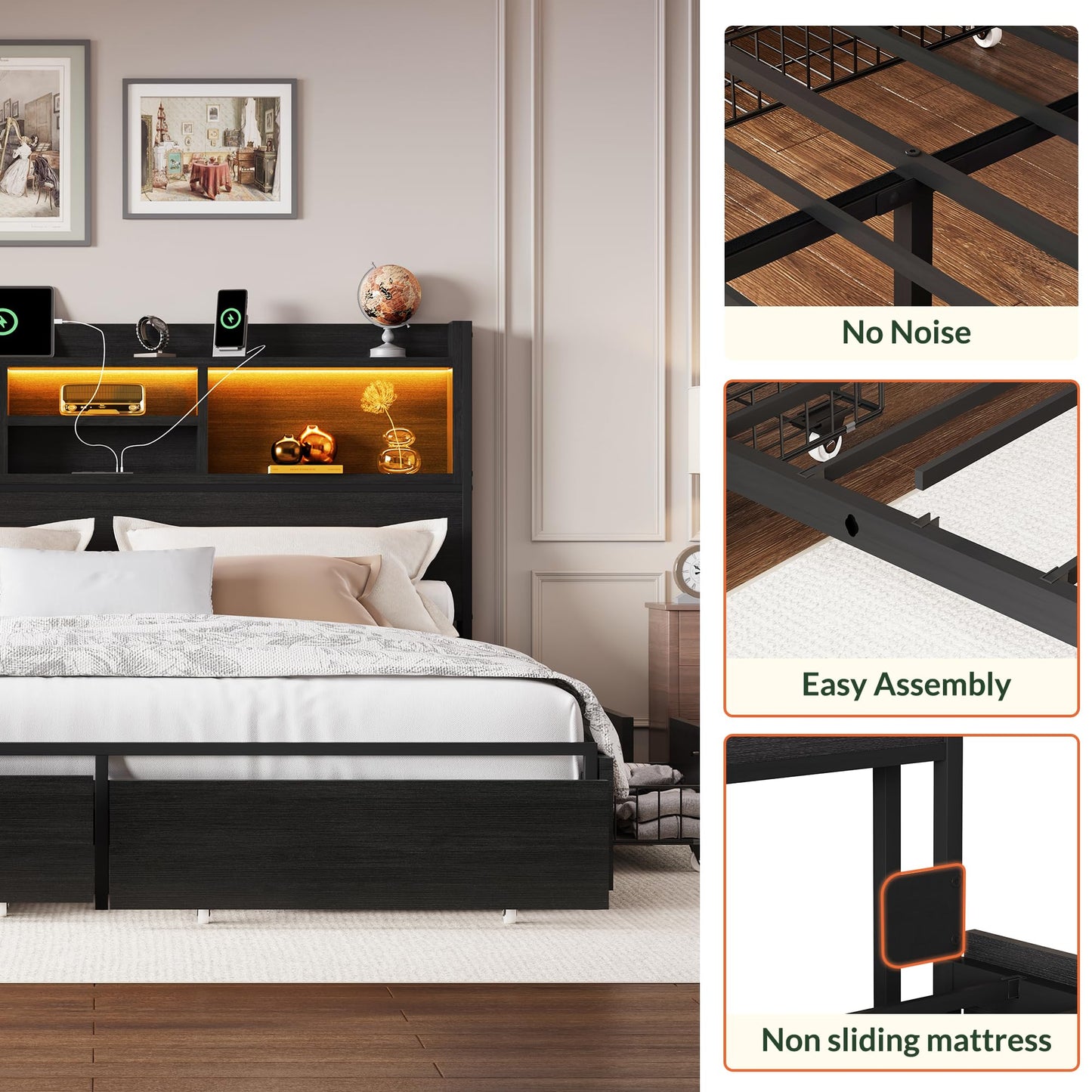 Wooden Platform Bed Frame with Storage Drawers, LED Headboard & Charging Station