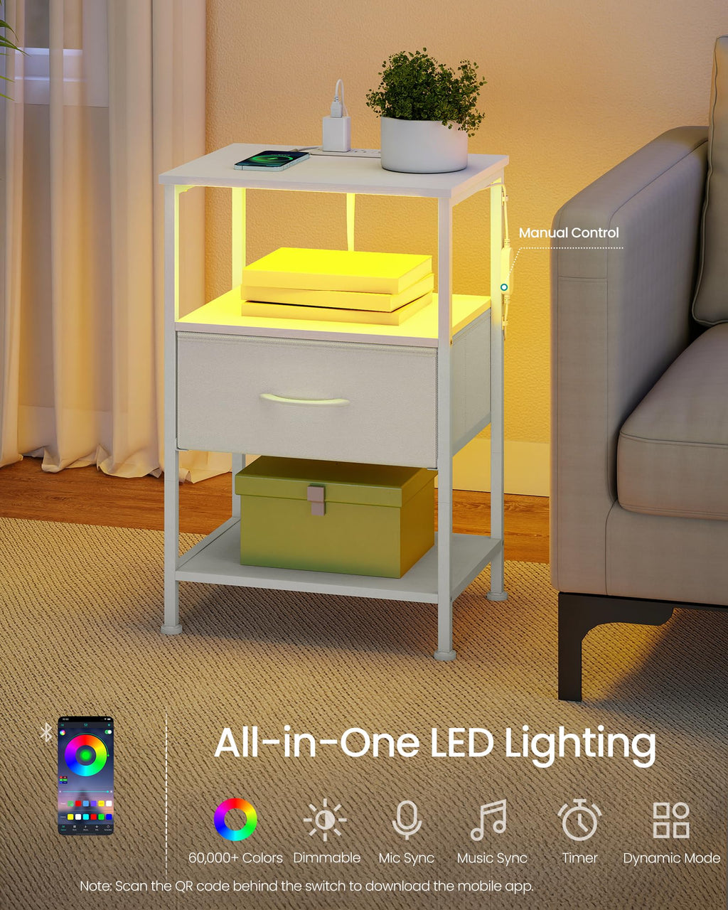 Nightstand with Charging Station and Adjustable LED Lights
