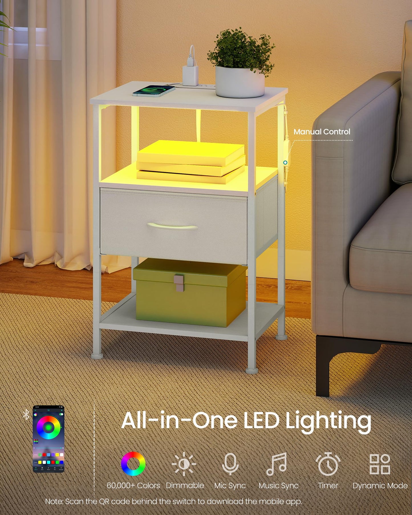 Nightstand with Charging Station and Adjustable LED Lights