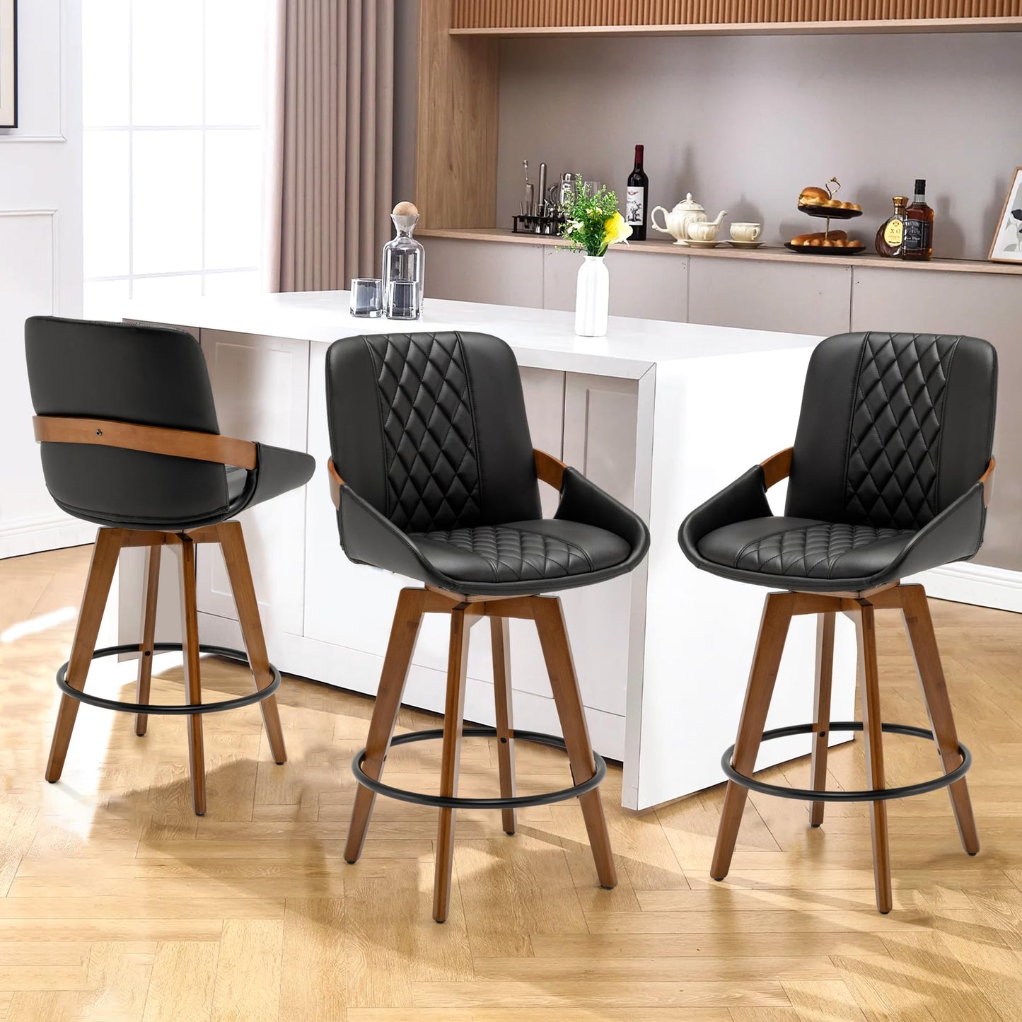 Mid Century Modern Swivel Bar Stools with Faux Leather Upholstery & Walnut Legs