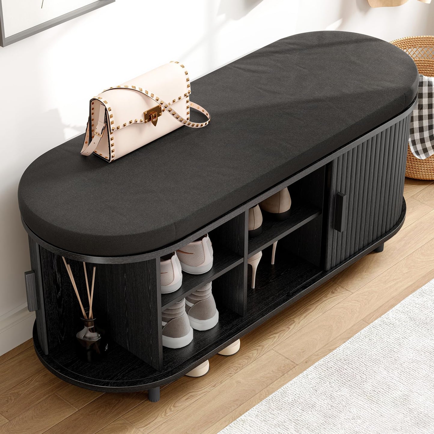 Fluted Shoe Storage Bench with Cushion, Sliding Door & Adjustable Shelf for Entryway