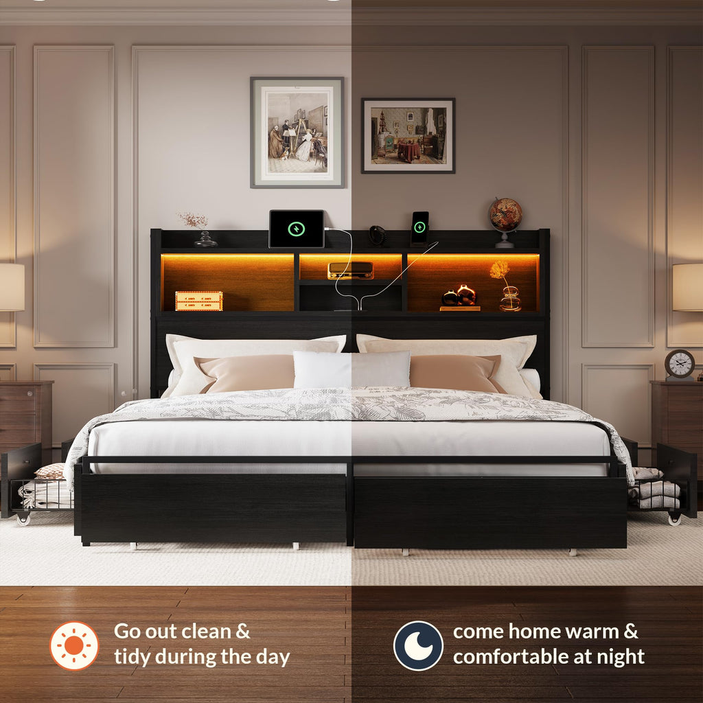 Wooden Platform Bed Frame with Storage Drawers, LED Headboard & Charging Station