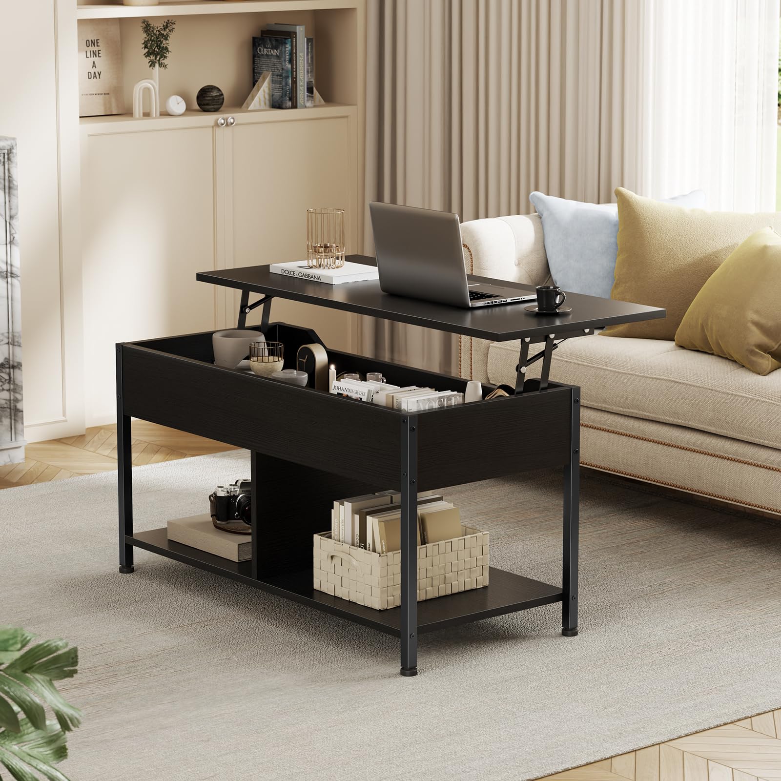 Lift Top Coffee Table with Hidden Storage Shelf for Living Room & Office