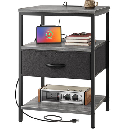 Nightstand with Charging Station and Adjustable Fabric Drawer