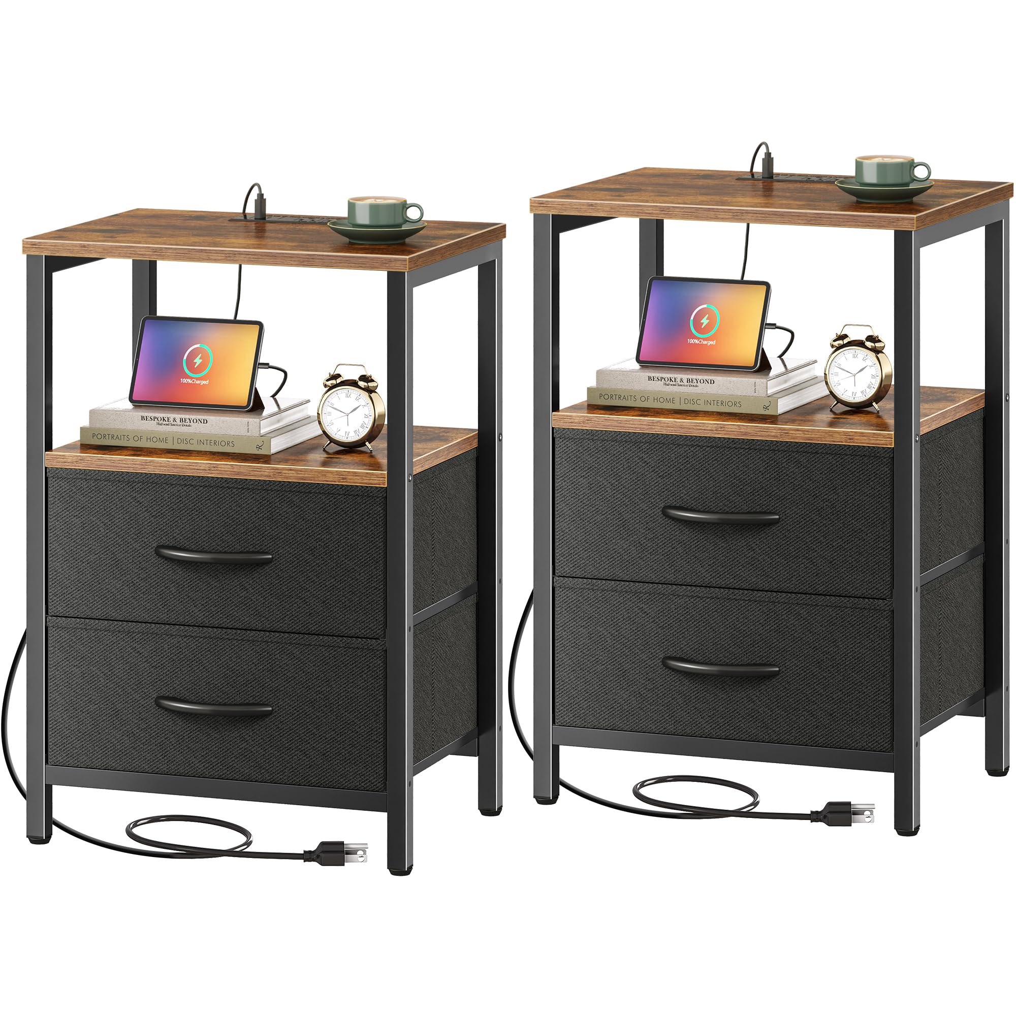 Nightstand Set with Charging Station, USB Ports & Fabric Drawers