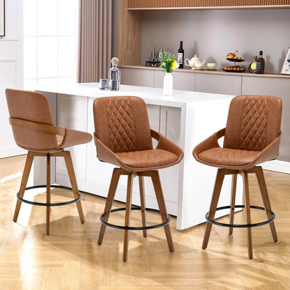 Mid Century Modern Swivel Bar Stools with Faux Leather Upholstery & Walnut Legs