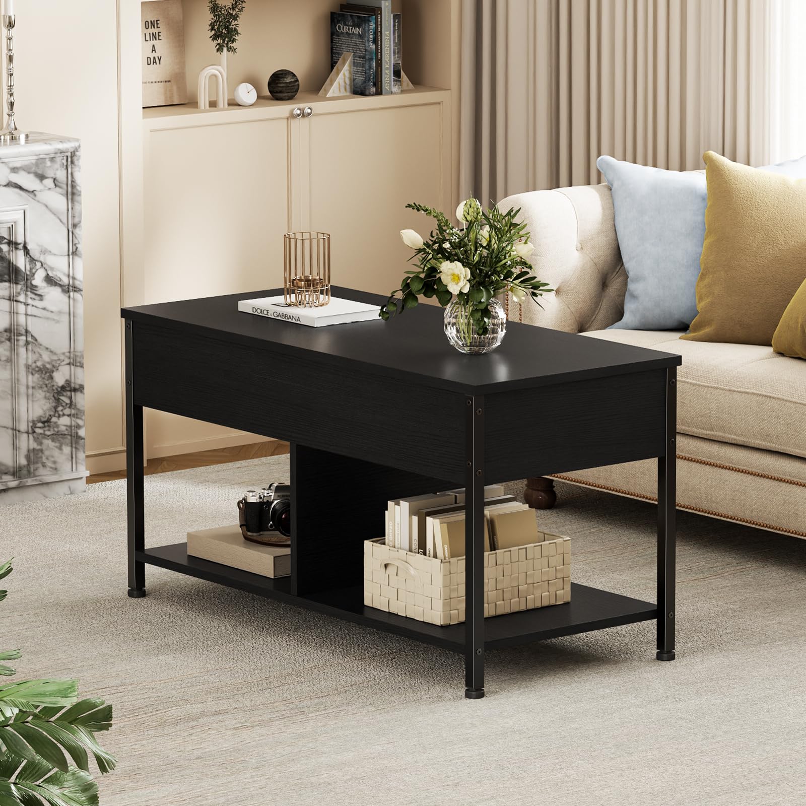 Lift Top Coffee Table with Hidden Storage Shelf for Living Room & Office