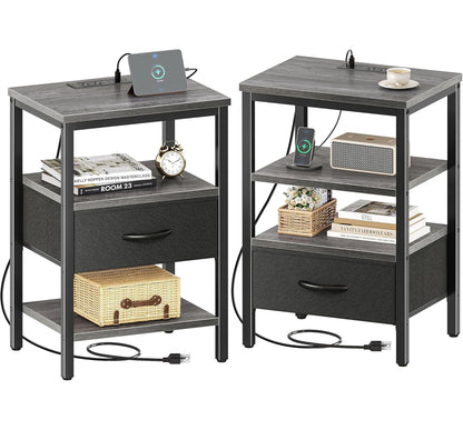 Nightstand with Charging Station and Adjustable Fabric Drawer
