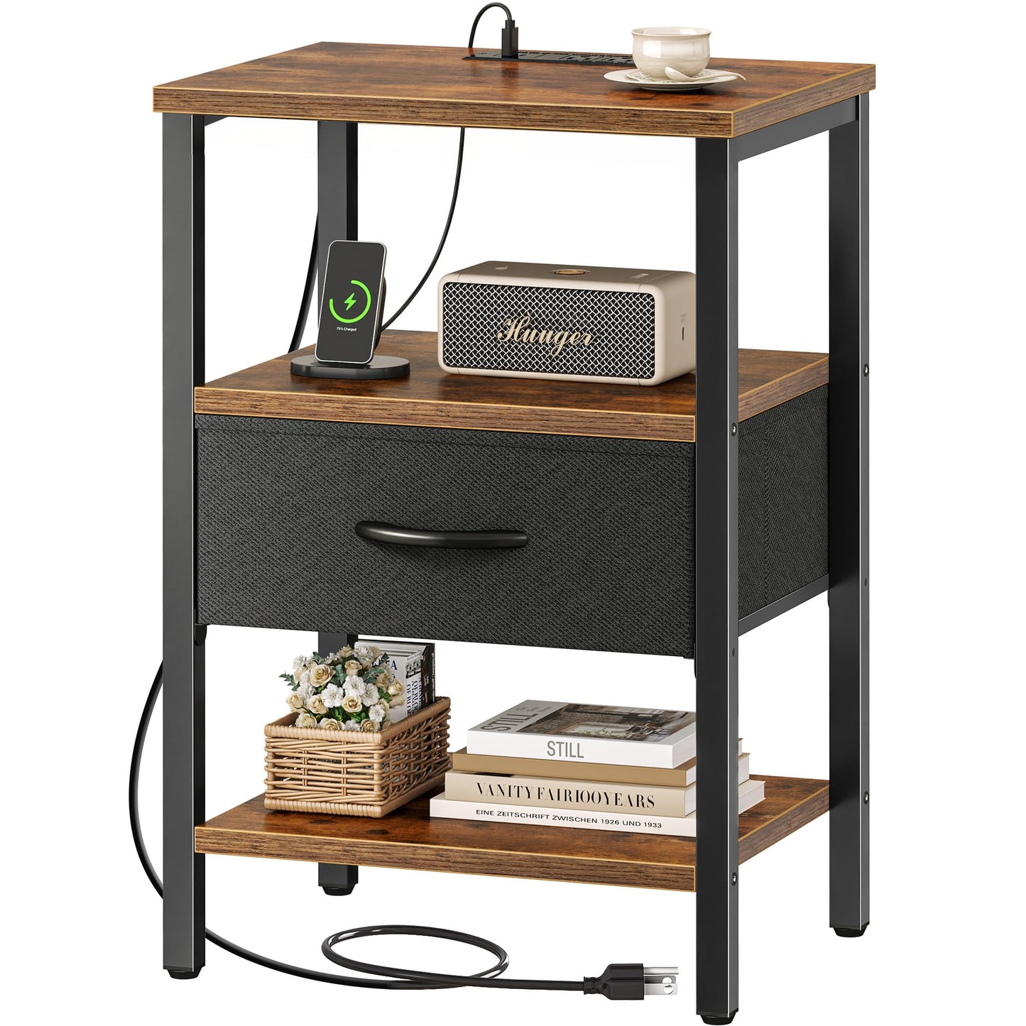 Nightstand with Charging Station and Adjustable Fabric Drawer