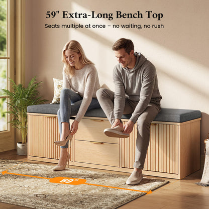 2-Tier Shoe Storage Bench with Drawer, Cushion & Adjustable Shelf for Entryway