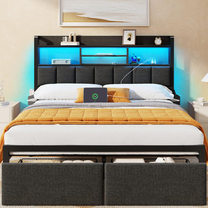 Upholstered Storage Bed Frame with LED Headboard & Charging Station