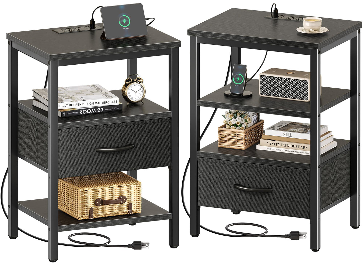 Nightstand with Charging Station and Adjustable Fabric Drawer