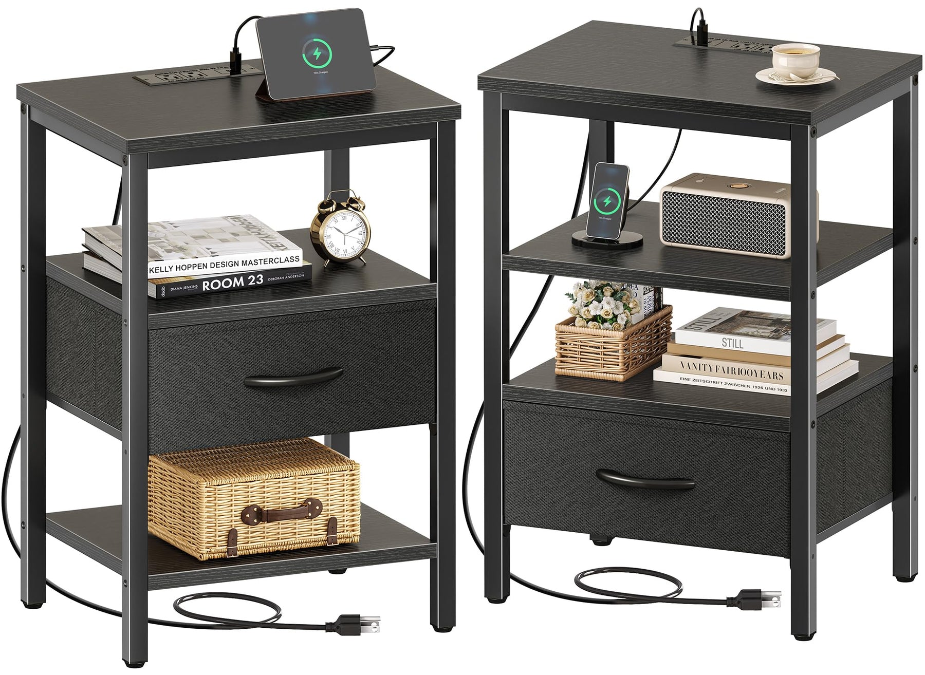 Nightstand with Charging Station and Adjustable Fabric Drawer