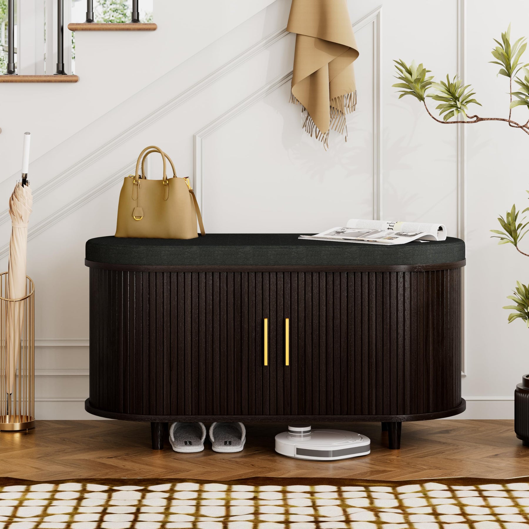 2-Tier Shoe Storage Bench with Padded Seat & Fluted Sliding Doors for Entryway
