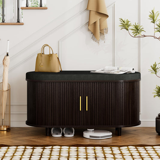 2-Tier Shoe Storage Bench with Padded Seat & Fluted Sliding Doors for Entryway