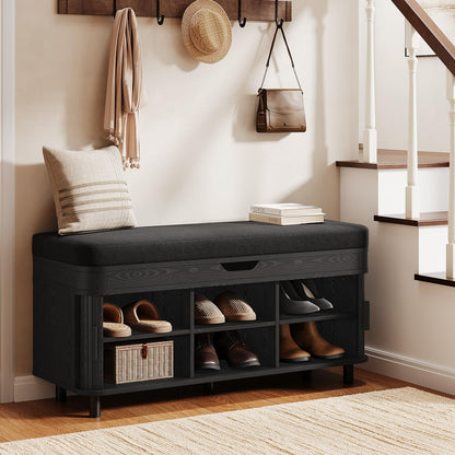 Fluted Shoe Storage Bench with Cushion and Adjustable Shelves for Entryway