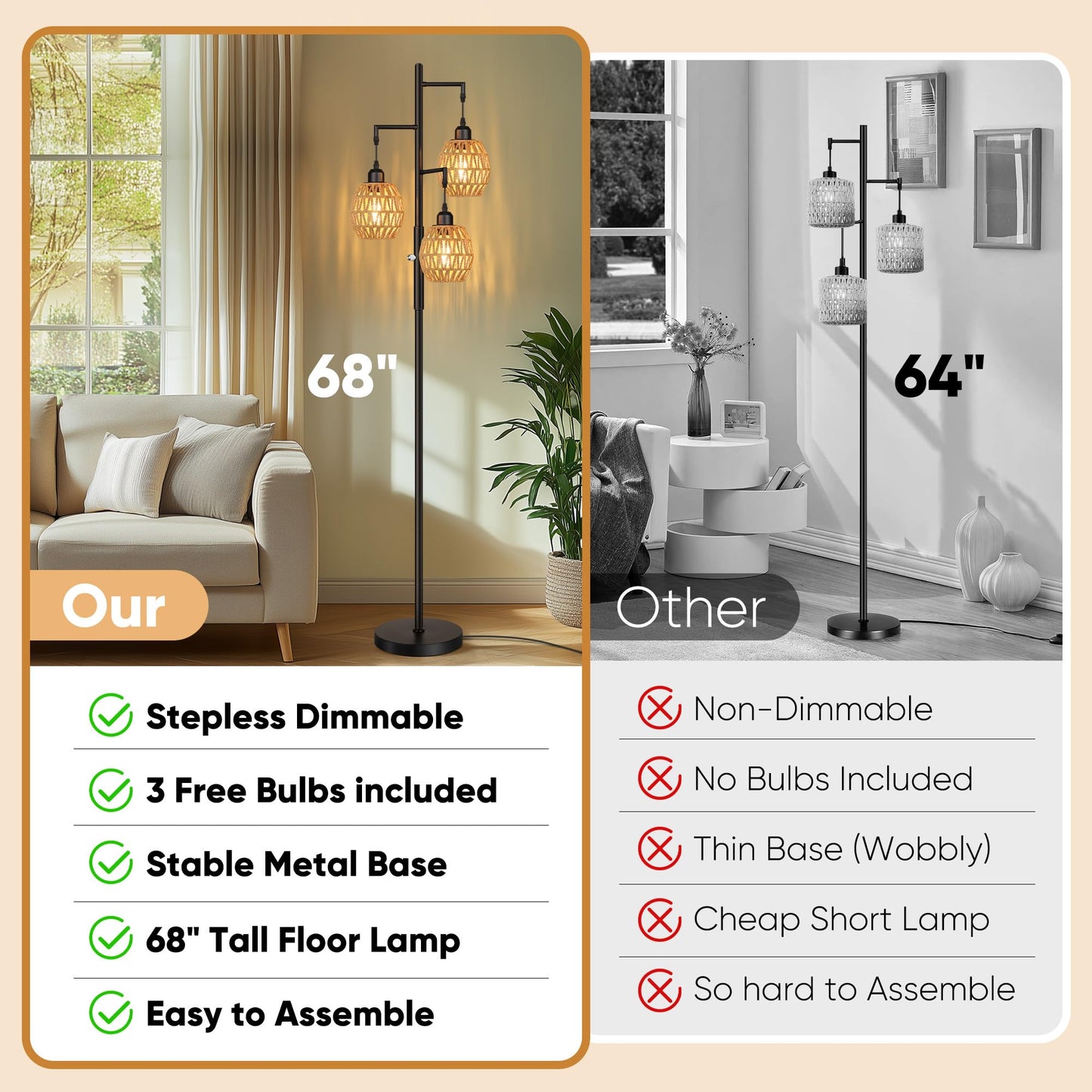 Dimmable Boho Floor Lamp with Rattan Shade for Living Room Decor