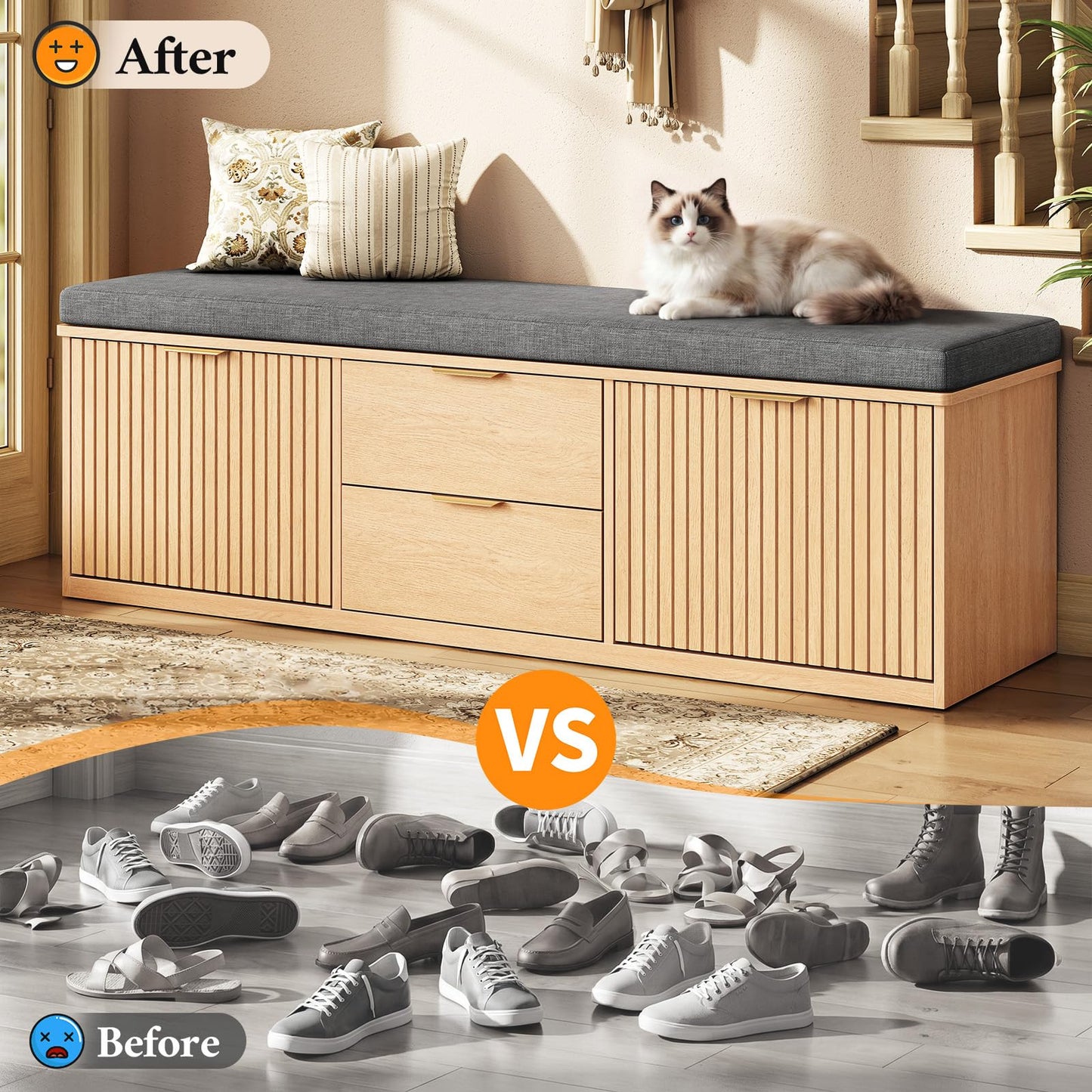 2-Tier Shoe Storage Bench with Drawer, Cushion & Adjustable Shelf for Entryway