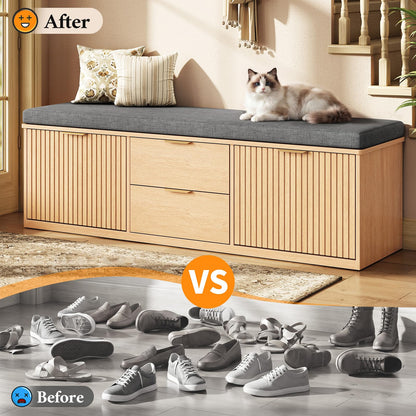 2-Tier Shoe Storage Bench with Drawer, Cushion & Adjustable Shelf for Entryway