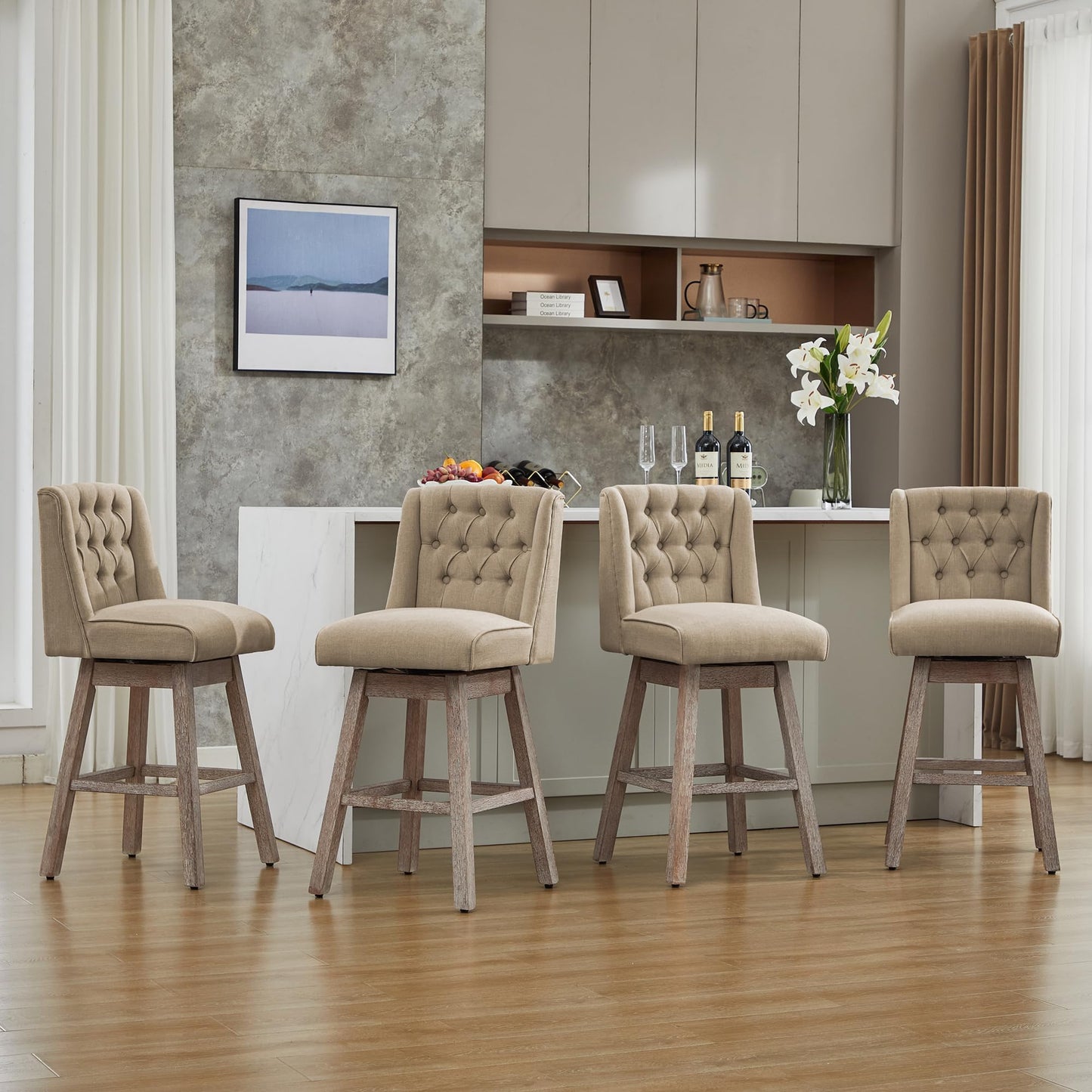 Modern Linen Upholstered Counter Height Bar Stools with Swivel & Wood Legs