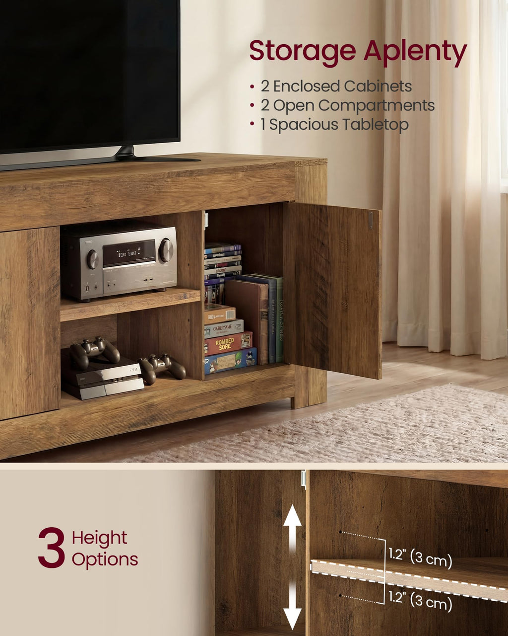 Modern Farmhouse TV Stand with Adjustable Shelves & Storage Cabinets