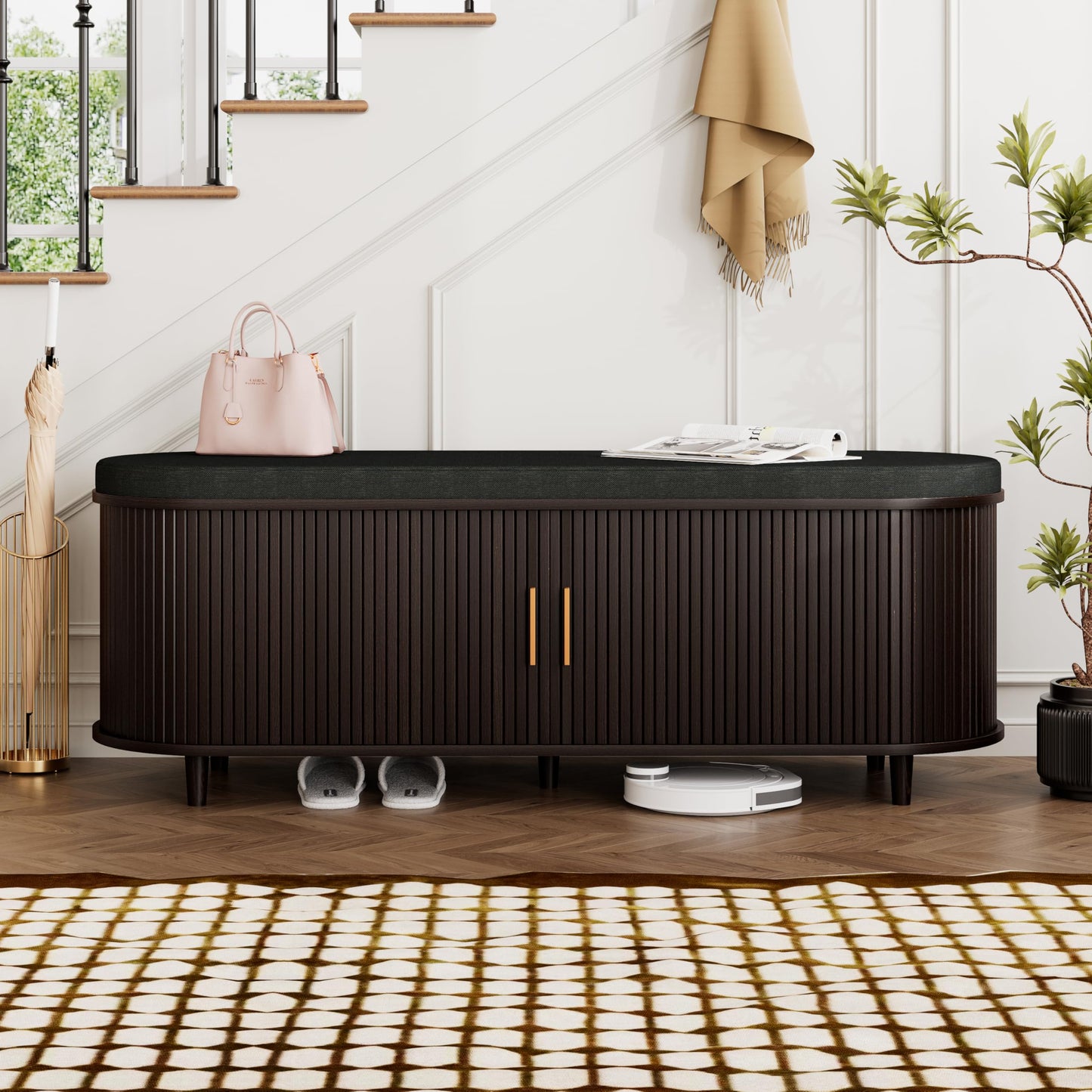 2-Tier Shoe Storage Bench with Padded Seat & Fluted Sliding Doors for Entryway