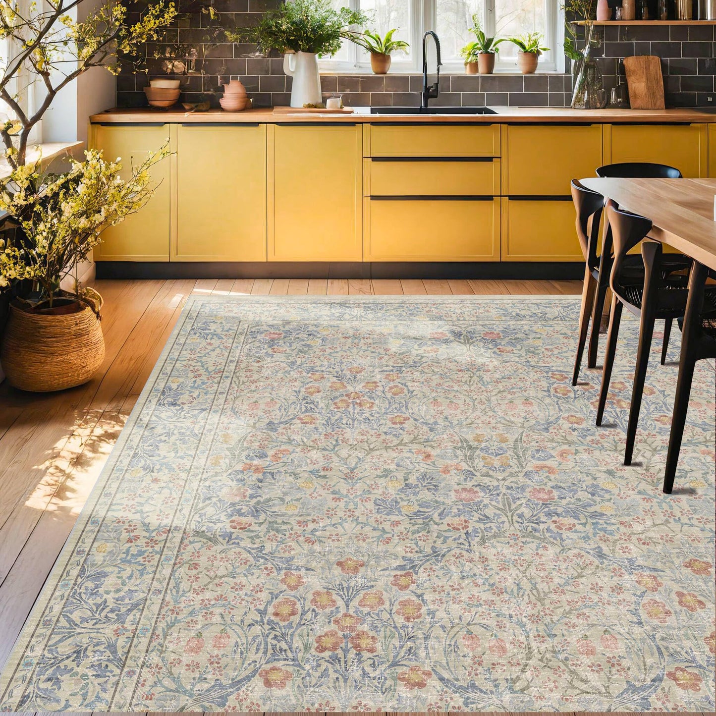Vintage Washable Area Rug with Non-Slip Low Pile Design for Home Decor