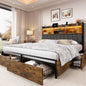 Wooden Platform Bed Frame with Storage Drawers, LED Headboard & Charging Station