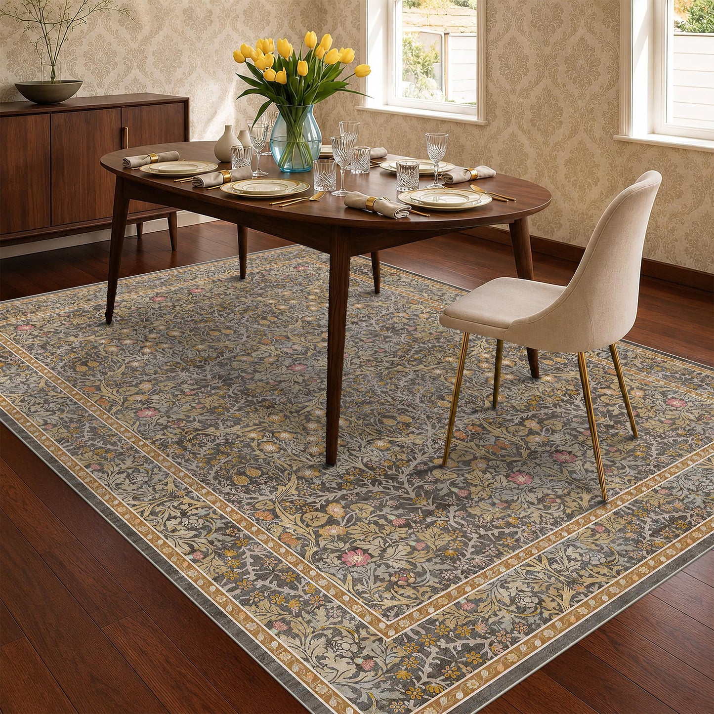 Vintage Washable Area Rug with Non-Slip Low Pile Design for Home Decor