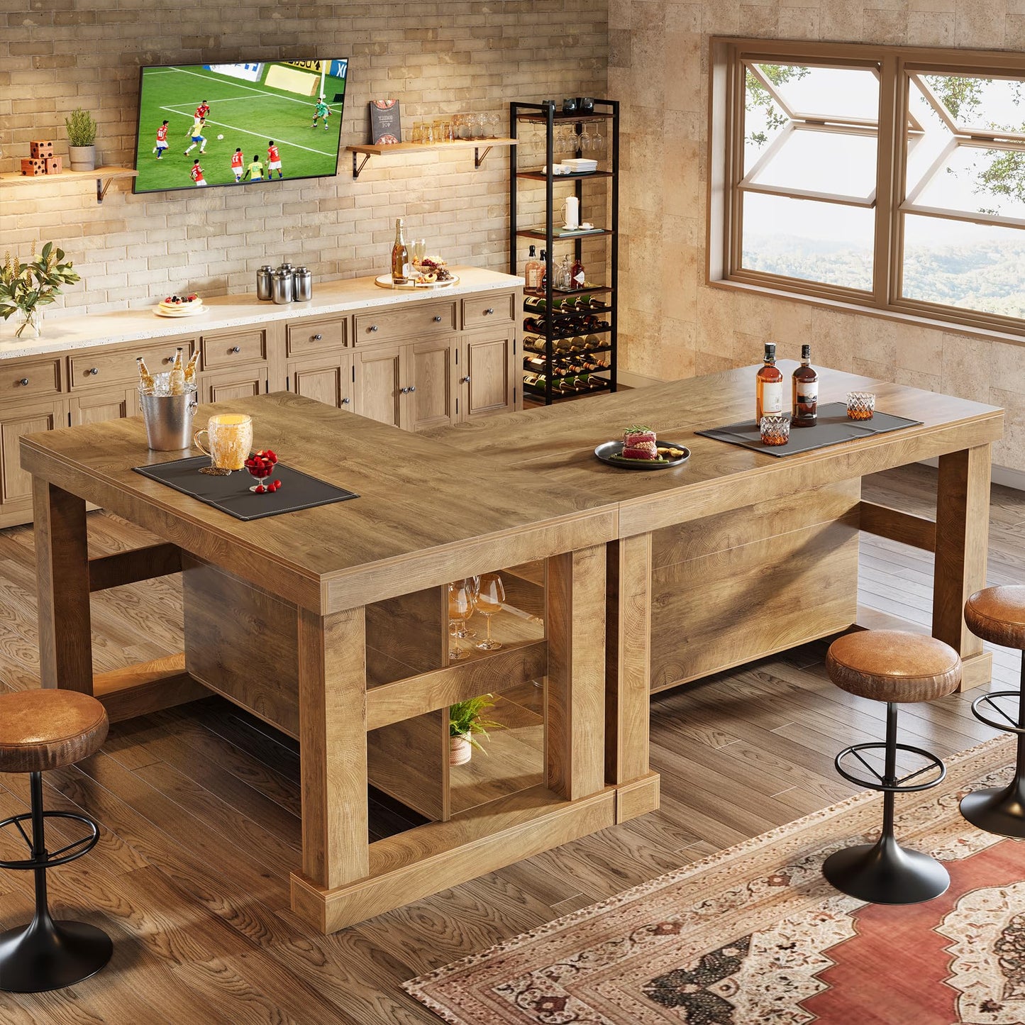 Farmhouse Kitchen Island with Storage Shelves and Large Worktop