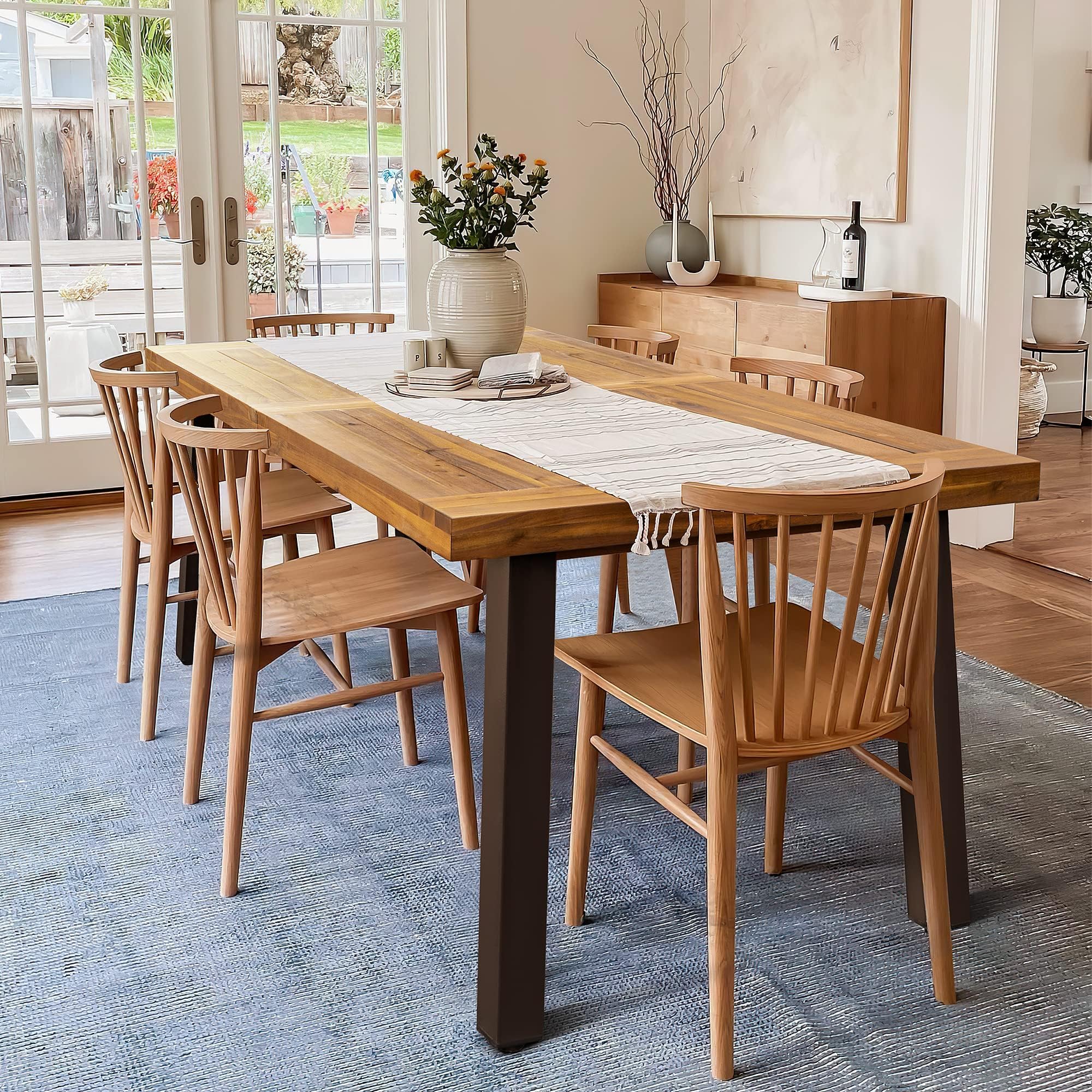 Acacia Wood Dining Table with Iron Legs for Indoor & Outdoor Spaces