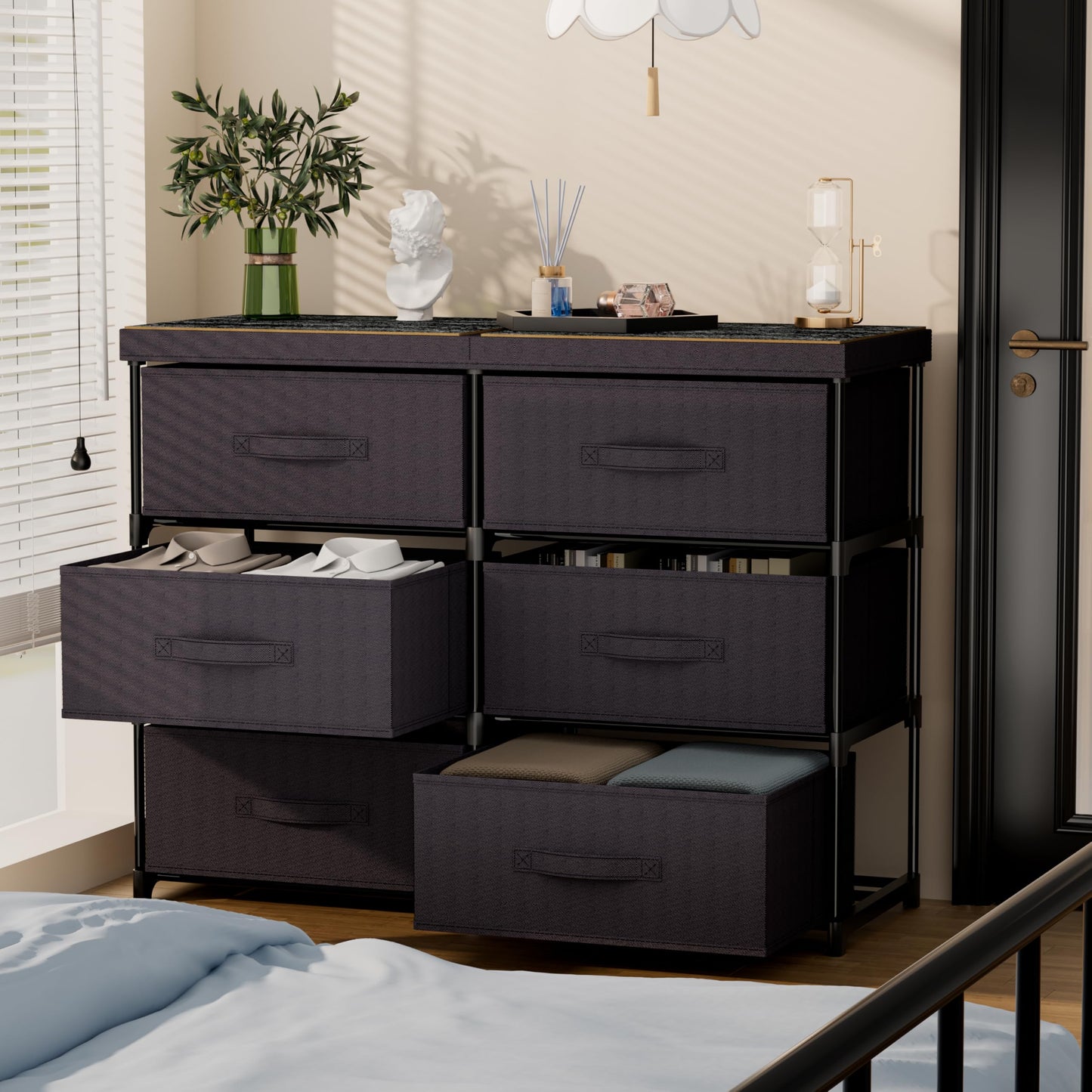 Metal Frame Storage Dresser with Fabric Drawers and Wood Top Shelf