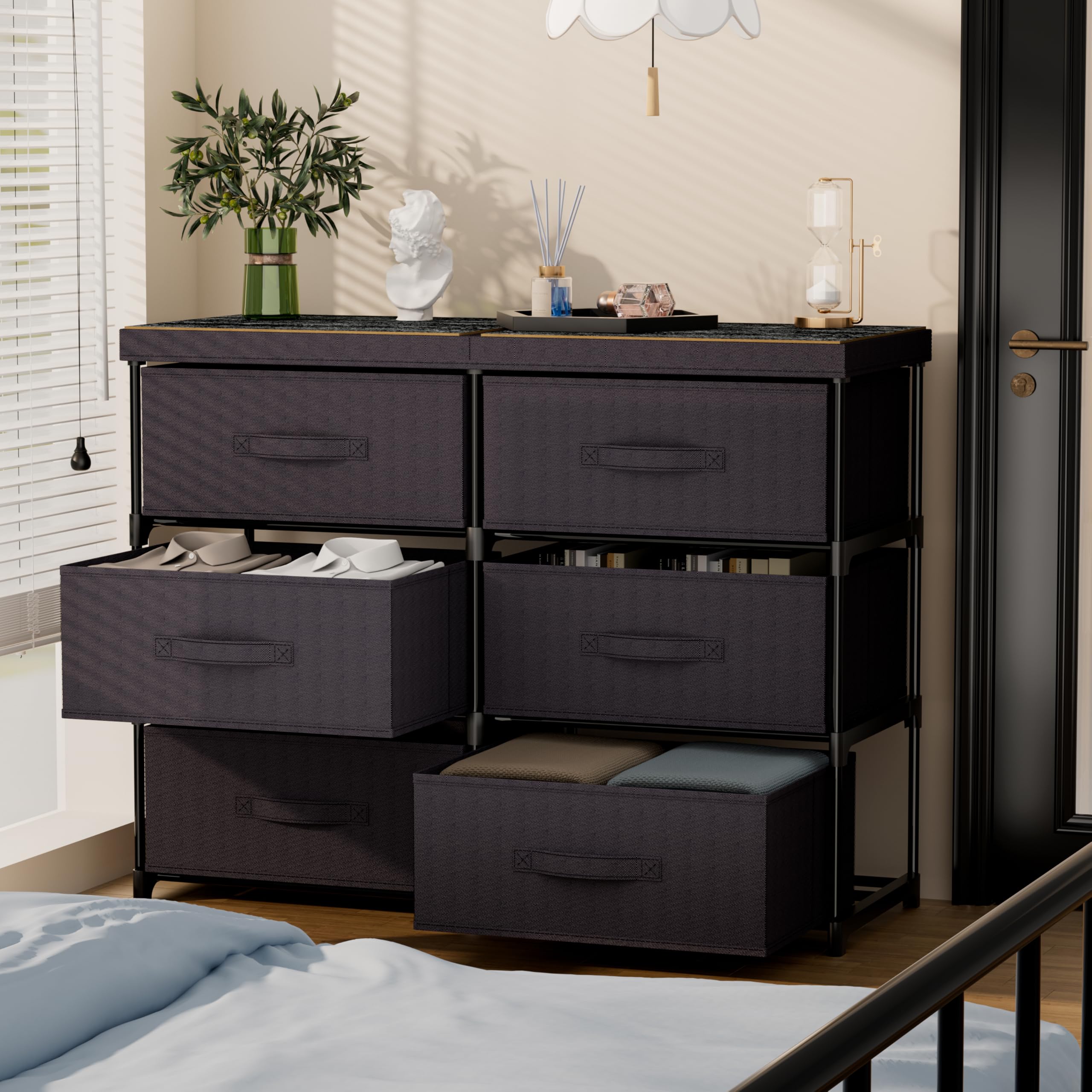 Metal Frame Storage Dresser with Fabric Drawers and Wood Top Shelf