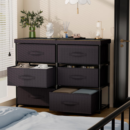 Metal Frame Storage Dresser with Fabric Drawers and Wood Top Shelf