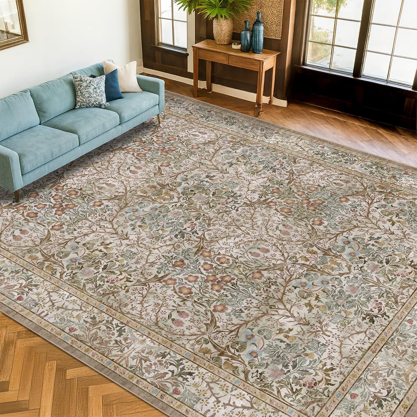 Vintage Washable Area Rug with Non-Slip Low Pile Design for Home Decor