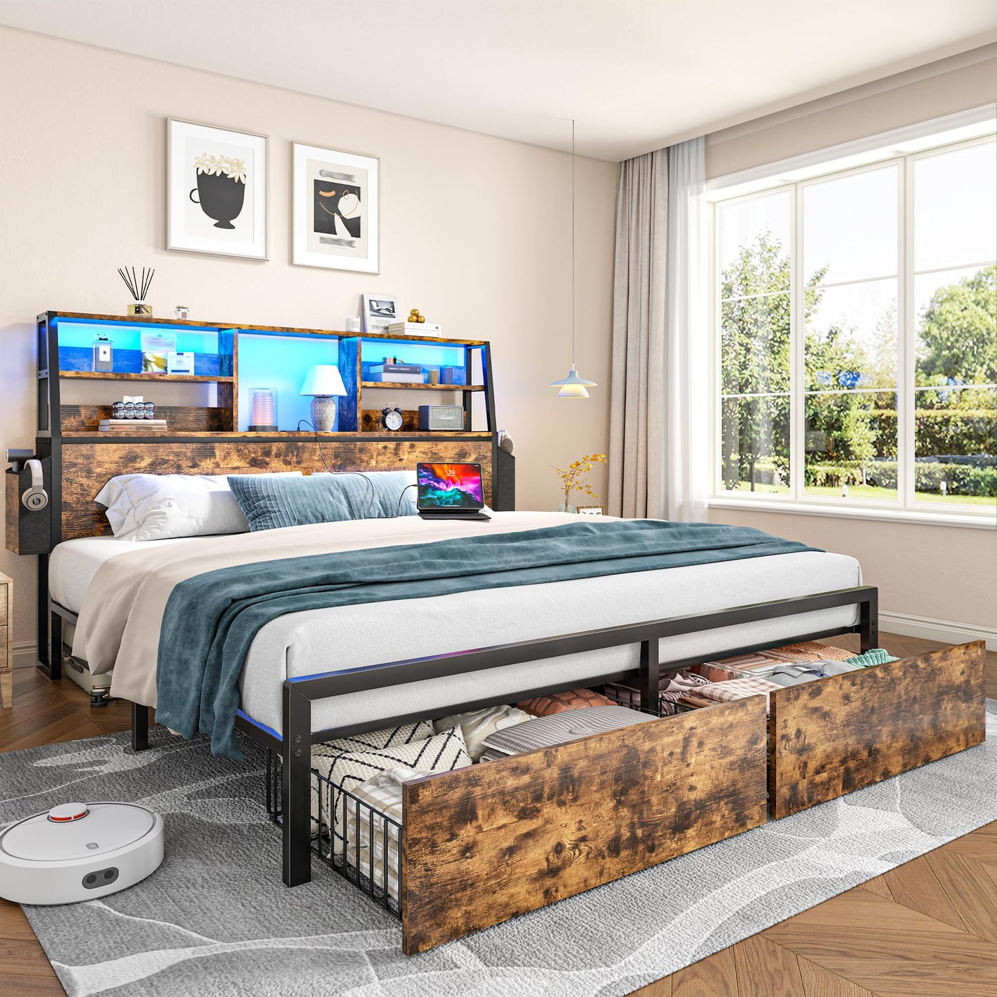 Metal Wood Platform Bed Frame with Headboard & Heavy Duty Support Slats