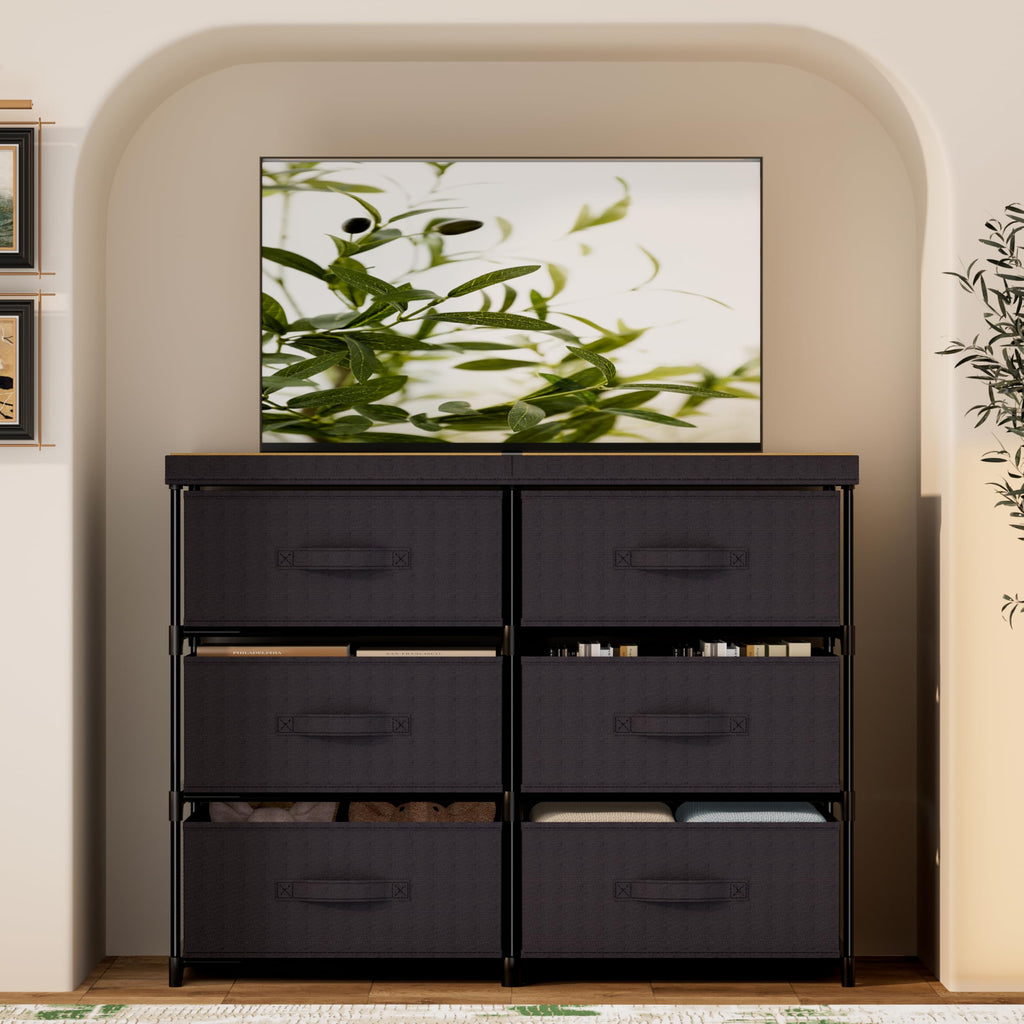 Metal Frame Storage Dresser with Fabric Drawers and Wood Top Shelf