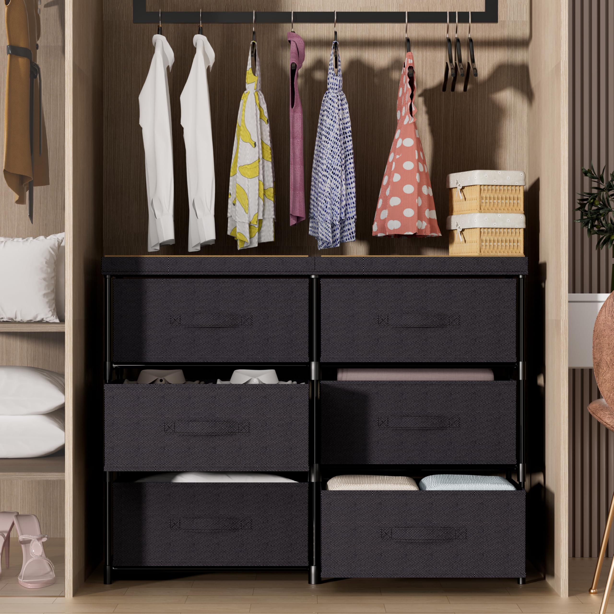 Metal Frame Storage Dresser with Fabric Drawers and Wood Top Shelf