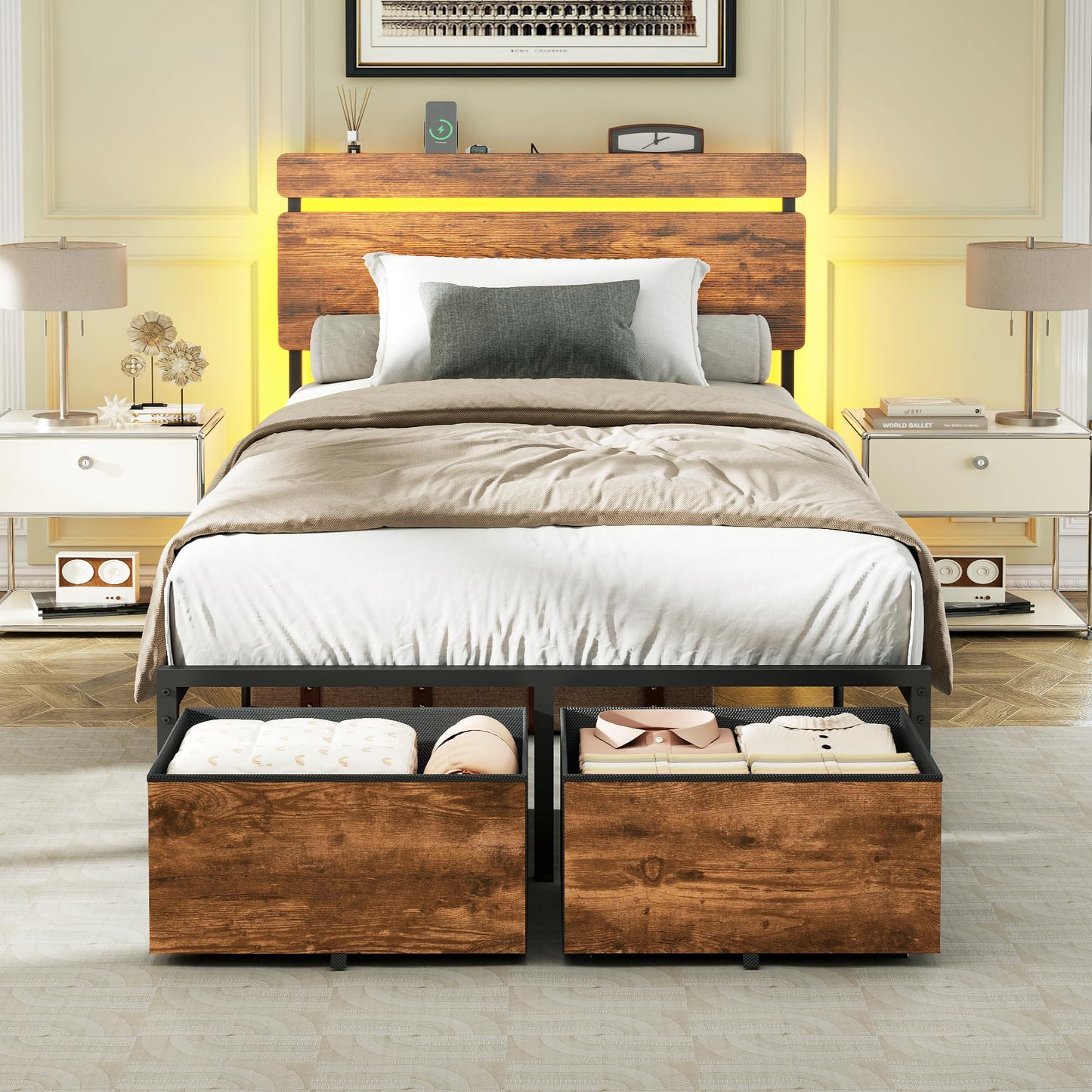 Forestell Bed Frame with Headboard, Platform Bed with 4 Storage Drawers