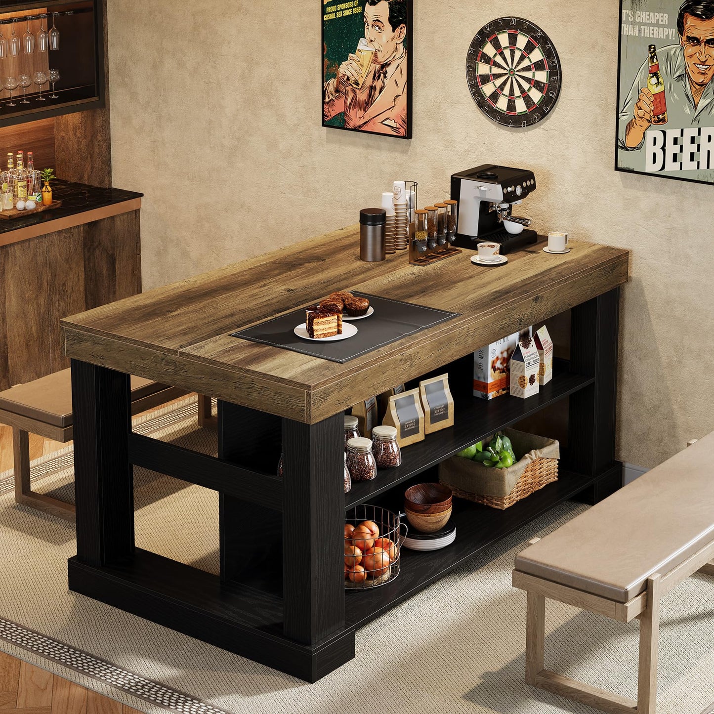 Farmhouse Kitchen Island with Storage Shelves and Large Worktop
